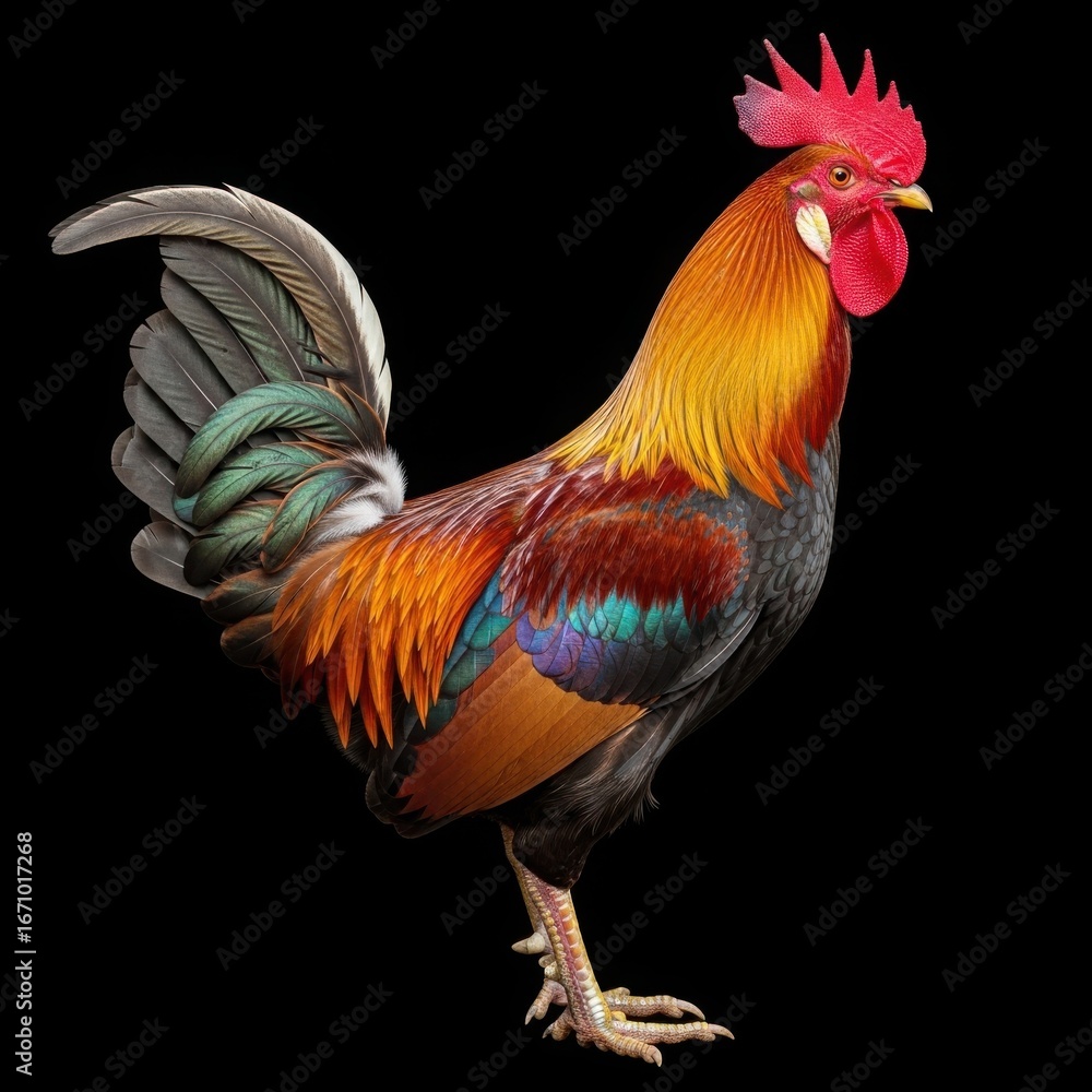 Fototapeta premium Majestic rooster with vibrant plumage against a black background