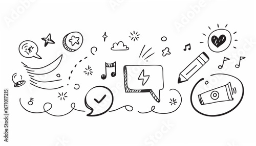 Doodle icons with speech bubbles and music notes pencil