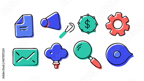 Doodle style office icons blue coral teal business document