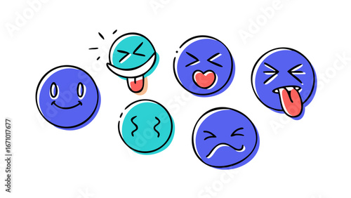 Expressive blue and teal emoji faces vector