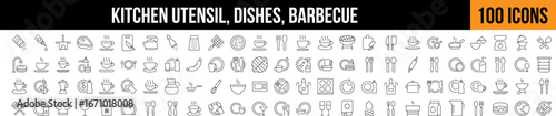 Kitchen Utensil, Dishes, Barbecue Related Line Icon Collection. Editable Stroke. Perfect for Graphics, Designs, Books, Adverts, Apps