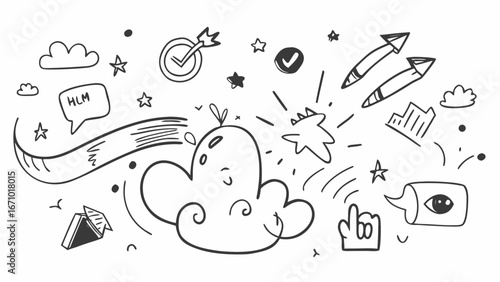 Fun doodle elements with clouds stars and goals sketch drawing