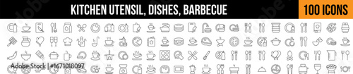 Kitchen Utensil, Dishes, Barbecue Outline Image Collection. Editable Stroke. Perfect for Graphics, Designs, Books, Adverts, Apps