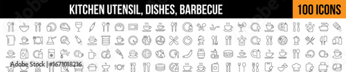 Kitchen Utensil, Dishes, Barbecue Outline Icon Collection. Editable Stroke. Perfect for Graphics, Designs, Books, Adverts, Apps
