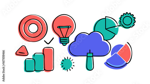 Hand drawn business icons with coral teal and blue colors office