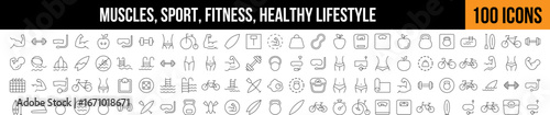 Sport and Fitness, Healthy Lifestyle Outline Icon Collection. Editable Stroke. Perfect for Graphics, Designs, Books, Adverts, Apps