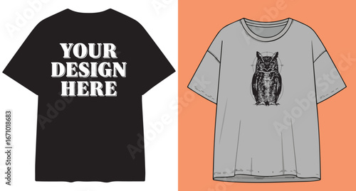 Two t-shirts mockup featuring custom design space and owl graphic for apparel branding and marketing