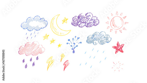 Hand drawn crayon weather elements clouds moon