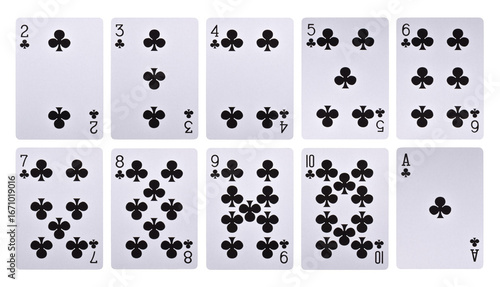 Set of Clubs playing cards isolated on white background
