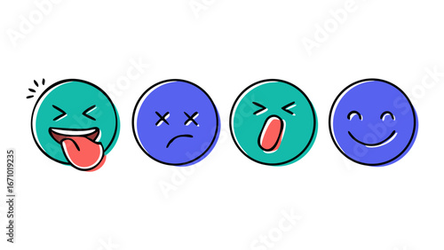 Hand drawn emoji faces with varied expressions cartoon illustration
