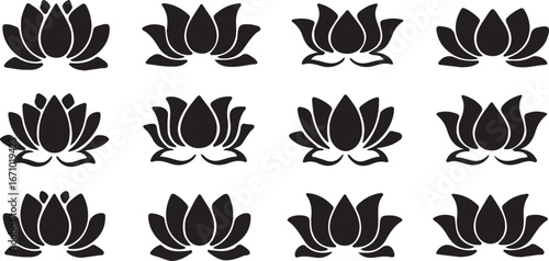 lotus flower, flower, bloom, blossom, floral, botanical, silhouette, vector, black, white background, isolated, design elements, graphic design, decorative, ornamental, stylized, simple, clean, patter