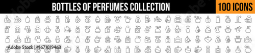  Various Bottles of Perfume Related Line Icon Collection. Editable Stroke. Perfect for Graphics, Designs, Books, Adverts, Apps