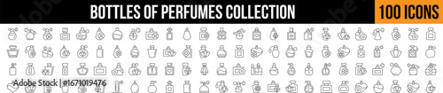  Various Bottles of Perfume Line Icon Collection. Editable Stroke. Perfect for Graphics, Designs, Books, Adverts, Apps