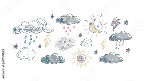 Hand drawn weather icons with muted colors vintage retro