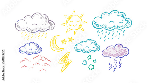 Hand drawn weather icons with textured clouds sun moon and lightning stars
