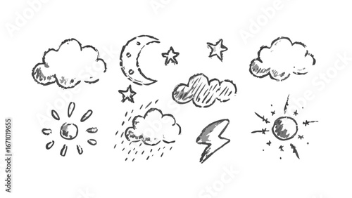 Hand drawn weather icons with textured lines clouds