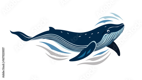 Majestic blue whale breaching with stylized water splashes ocean marine life