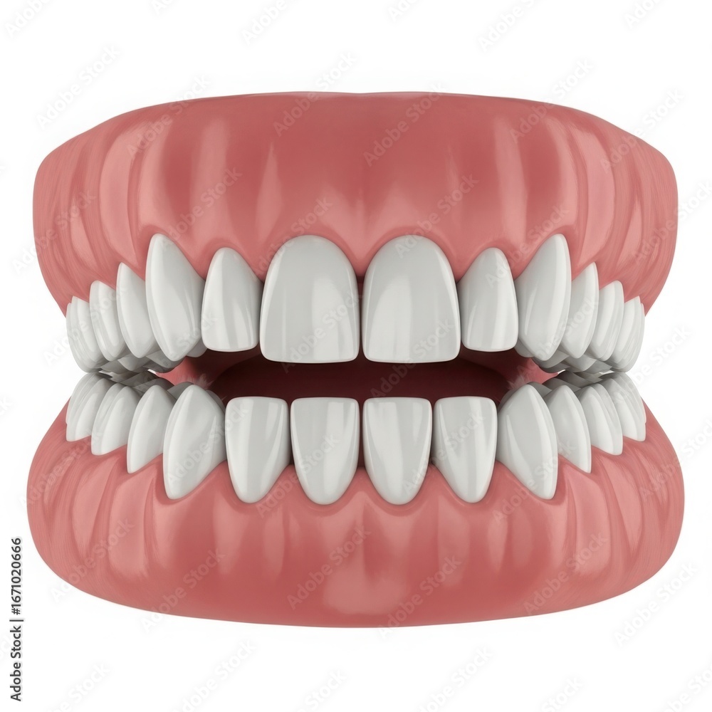 Obraz premium Close up of healthy human teeth and gums on a white background