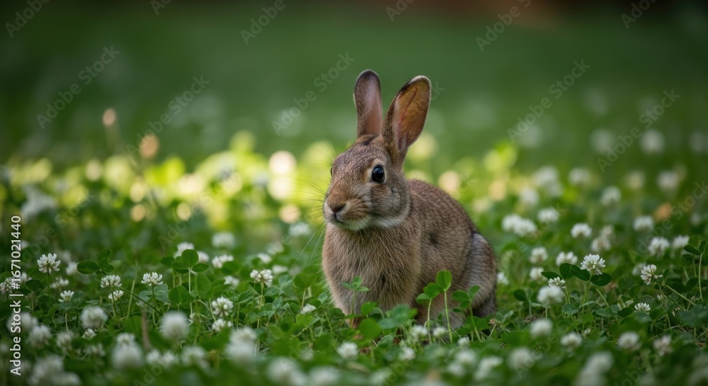 Fototapeta premium Brown rabbit nestled in a field of white clovers, soft focus background