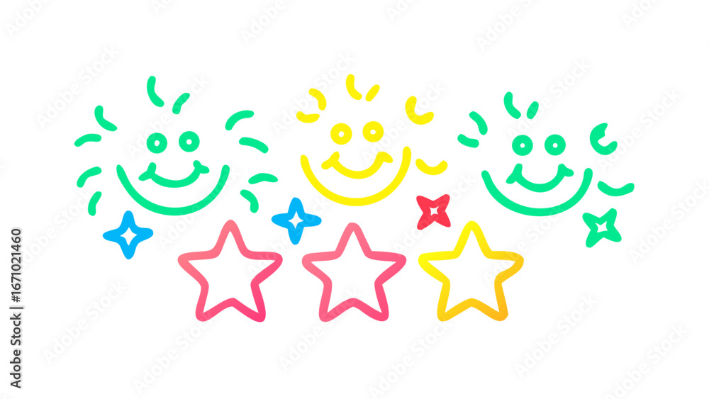 Playful smiling faces and colorful stars doodle