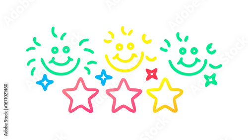 Playful smiling faces and colorful stars doodle
