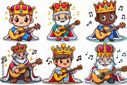 vector illustration set of a cartoon king playing guitar