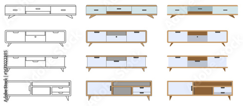 Vector illustration of tv stand set. Use in interior design and furniture