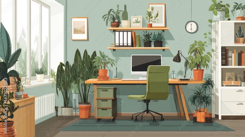 Fototapeta premium Green-toned room filled with plants; bright desk and shelves, natural light