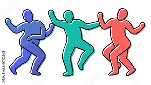 Three dancing figures in vibrant colors people silhouettes