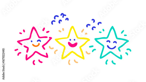 Three smiling stars with colorful confetti happy pink