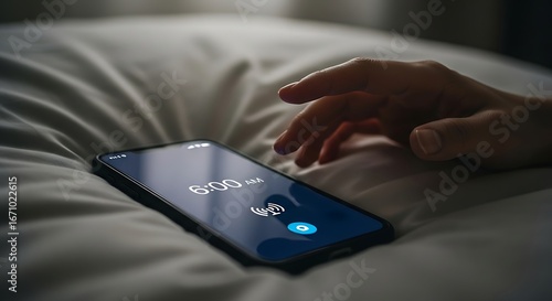Hand reaching to turn off the early morning alarm on a smartphone.