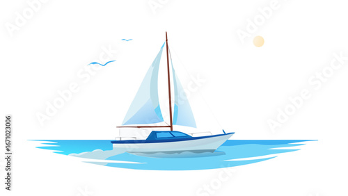 White sailboat glides on blue water under moon sailing ocean