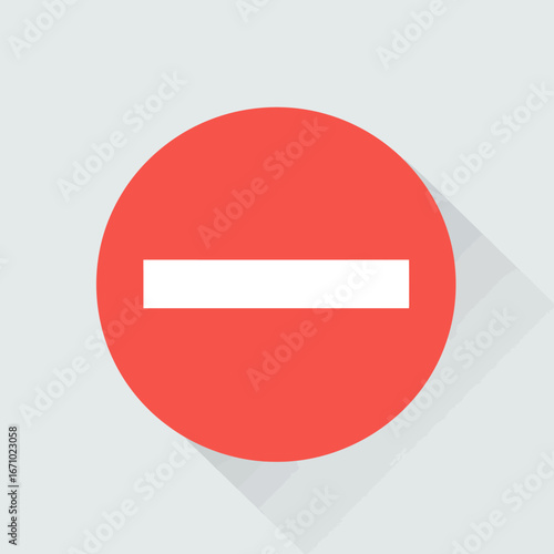 A vibrant red circular flat design icon featuring a prominent white horizontal bar, symbolizing prohibition, stop, or a negative action with a modern long shadow.