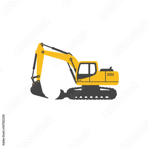 A bright yellow hydraulic excavator, a heavy construction machine with a large digging bucket, stands ready for earthmoving work on a white background.