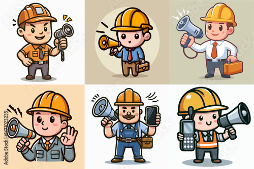 vector illustration set of foreman holding loudspeaker