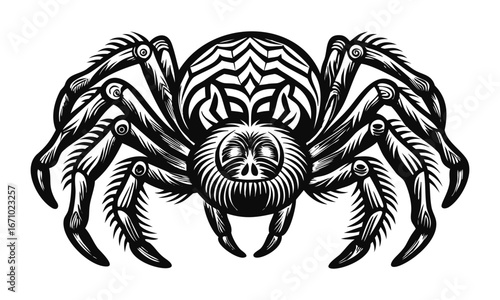 Striking linocut style spider graphic in black and white, perfect for Halloween or bold design projects