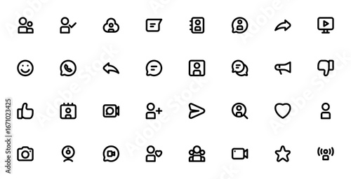 Social Media User Interface icon set. UI vector icon pack. Includes Friends, Fllower, Chat, Video Call, miley, Search User and mor. Editable stroke.