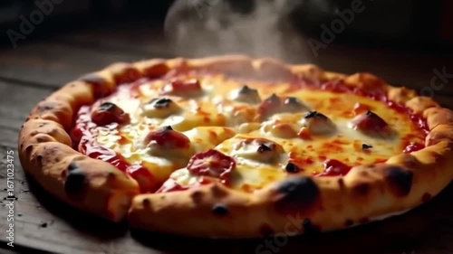Delicious Steaming Pizza with Fresh Ingredients on Rustic Wooden Table.