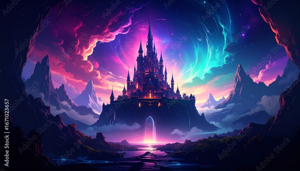 Obraz premium Magical Fantasy Castle in a Colorful Mountainous Landscape halloween background