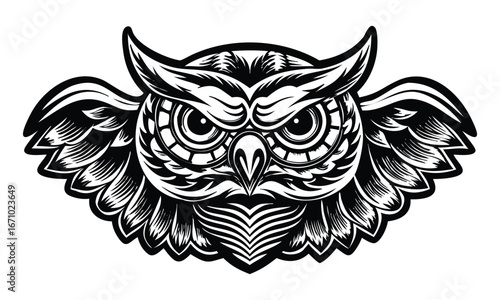 Striking black and white owl illustration with detailed feathers and piercing eyes, perfect for modern branding