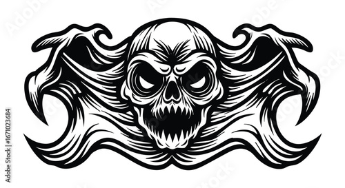 Fearsome skull with elaborate wings and menacing grin evokes dark fantasy and horror themes