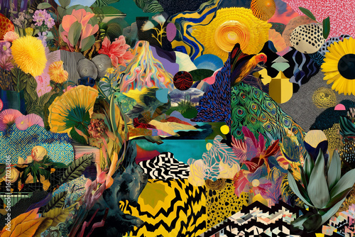 Colorful Pop Art Collage with Fruits, Flowers and Abstract Patterns