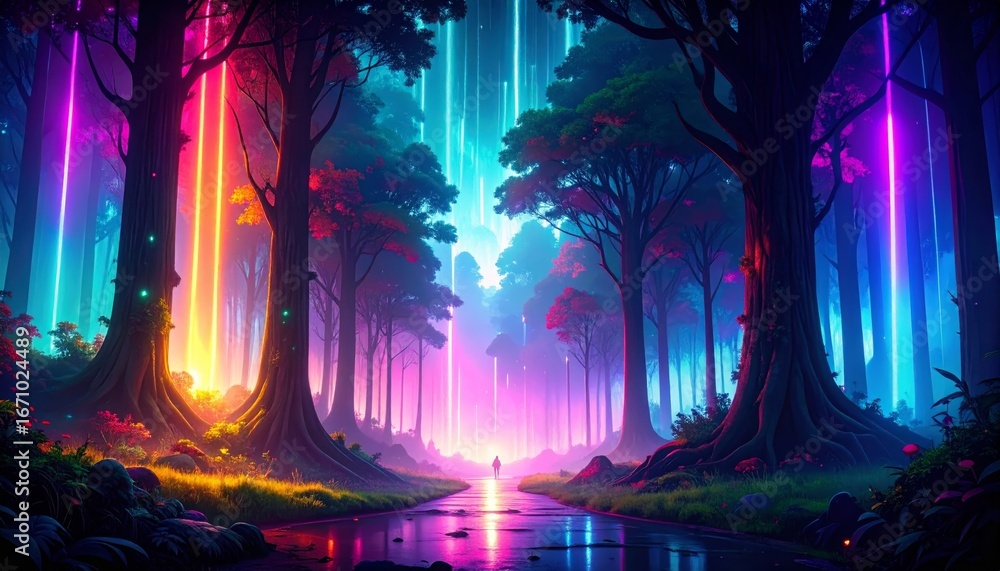 Obraz premium Glowing Pathway in a Magical Forest halloween background