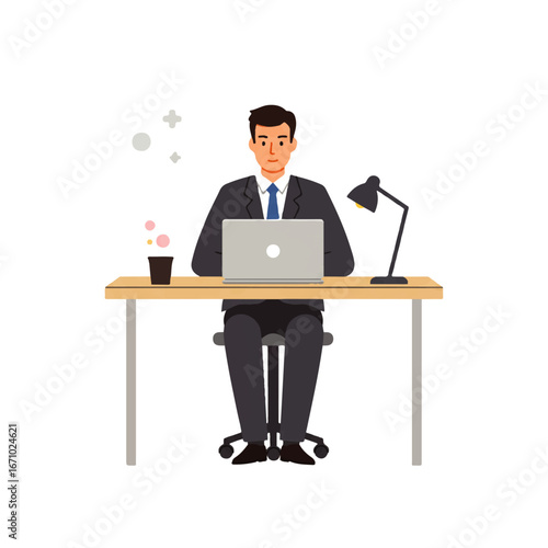 Illustration of a businessman working at a desk with a laptop, lamp, and drink, looking directly at the viewer.