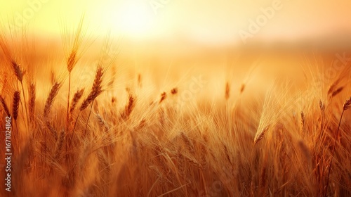 Golden wheat field at sunset with warm orange sky and soft glowing light creating peaceful countryside rural landscape for agriculture and lifestyle concepts