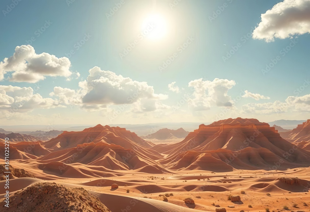 Naklejka premium Layered paper mountains under a bright sun and fluffy clouds, desert landscape, craft, mountains