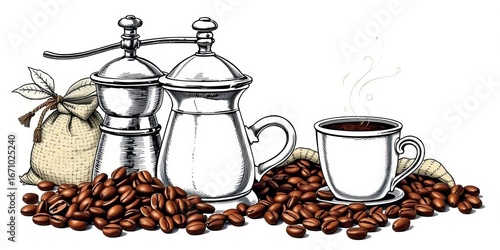Hand-drawn engraving of cezve, coffee beans, grinder, sack, and steaming cup,  coffee shop,   design