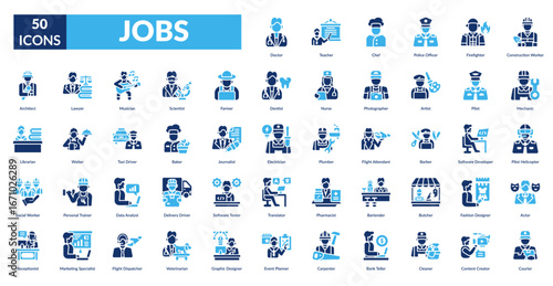 jobs fill icon set. Doctor, Teacher, Chef, Police Officer, Firefighter, Construction Worker, Mechanic