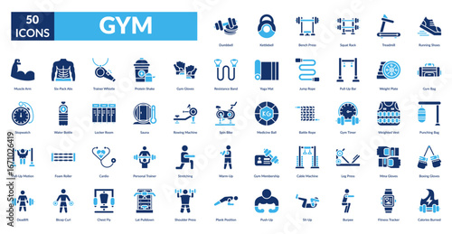 gym fill icon set. Dumbbell, Kettlebell, Bench Press, Squat Rack, Treadmill, Running Shoes, Gym Bag