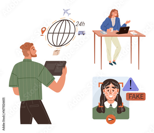 Man with tablet analyzing global logistics, woman working remotely with laptop, advanced AI detecting deepfakes. Ideal for tech innovation, AI ethics, online security, digital economy, remote work